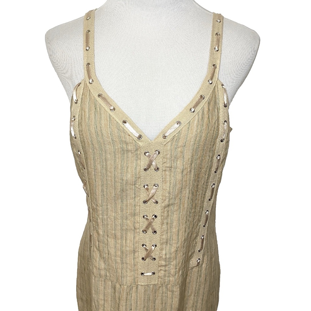 Irish Linen Dress 14 Cottagecore Summer Resort Woven Beige Satin Corset Detail